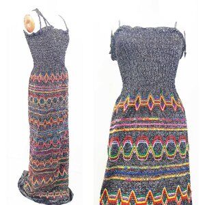 1970s Vintage Womens Silver Metallic LUREX Maxi Dress Smocked Top Emroidery